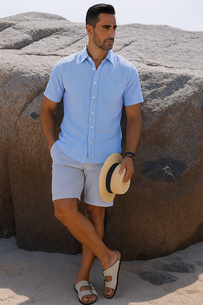 Arber Men's Slim-Fit 100% Cotton Short-Sleeve Shirt, Lightweight Breathable Button-Down; Blue or Dark Blue.