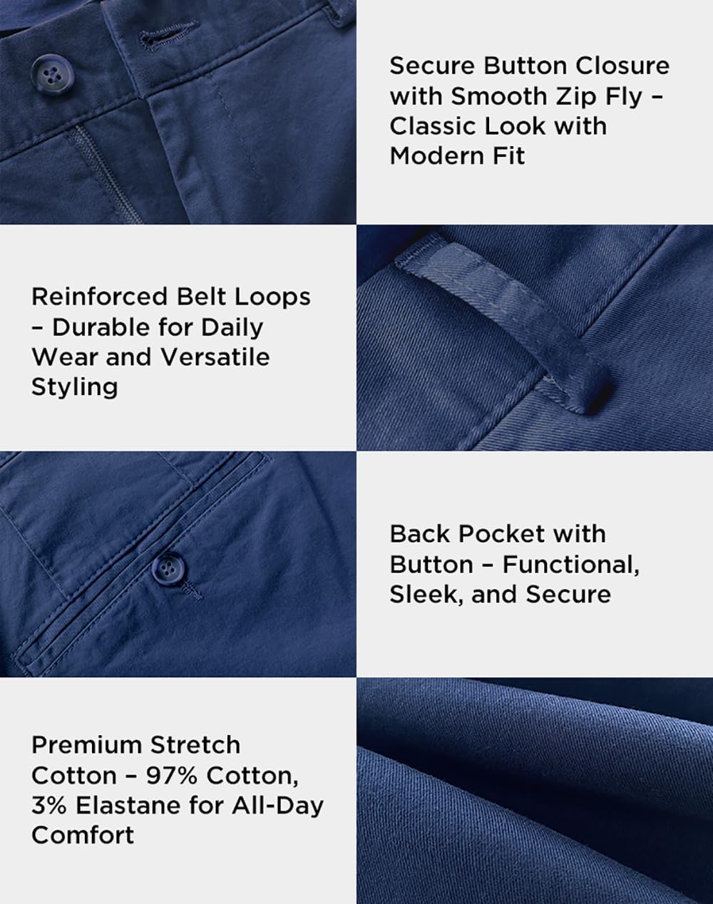 Arber Men's Slim-Fit Stretch Chinos, 97% Cotton/3% Elastane, Flat Front, Breathable, Machine Washable; Gray, Blue, Beige.