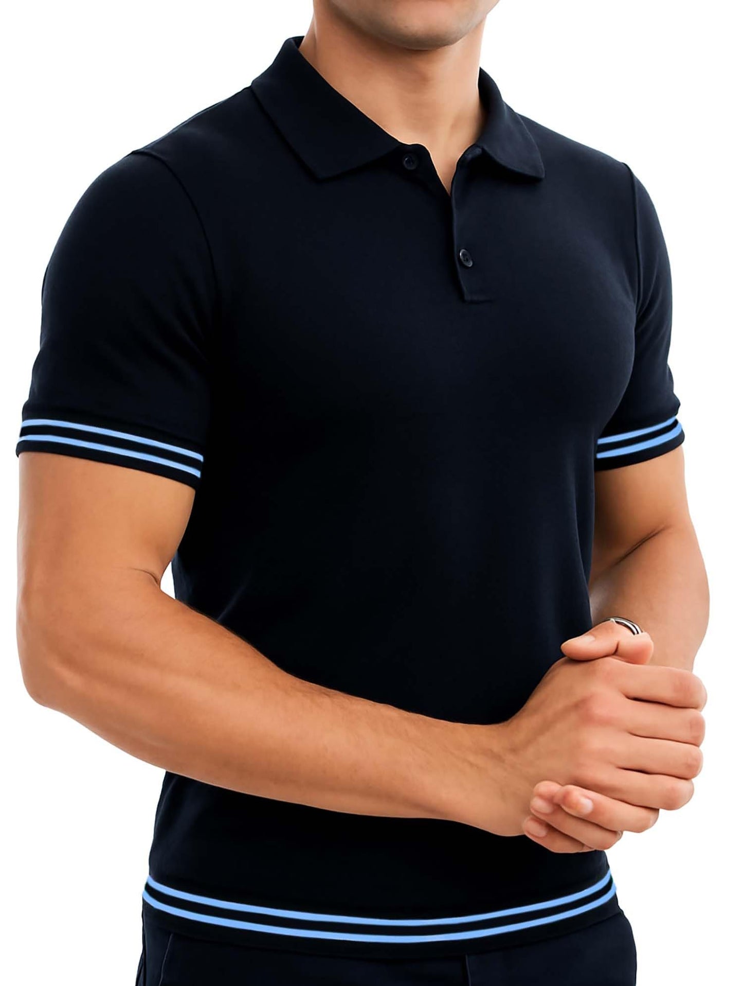 Arber Men's Textured Knit 100% Cotton Polo Shirt, Breathable Lightweight Short Sleeve Contrast Stripe Trim