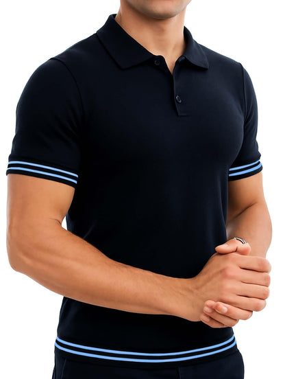 Arber Men's Textured Knit 100% Cotton Polo Shirt, Breathable Lightweight Short Sleeve Contrast Stripe Trim