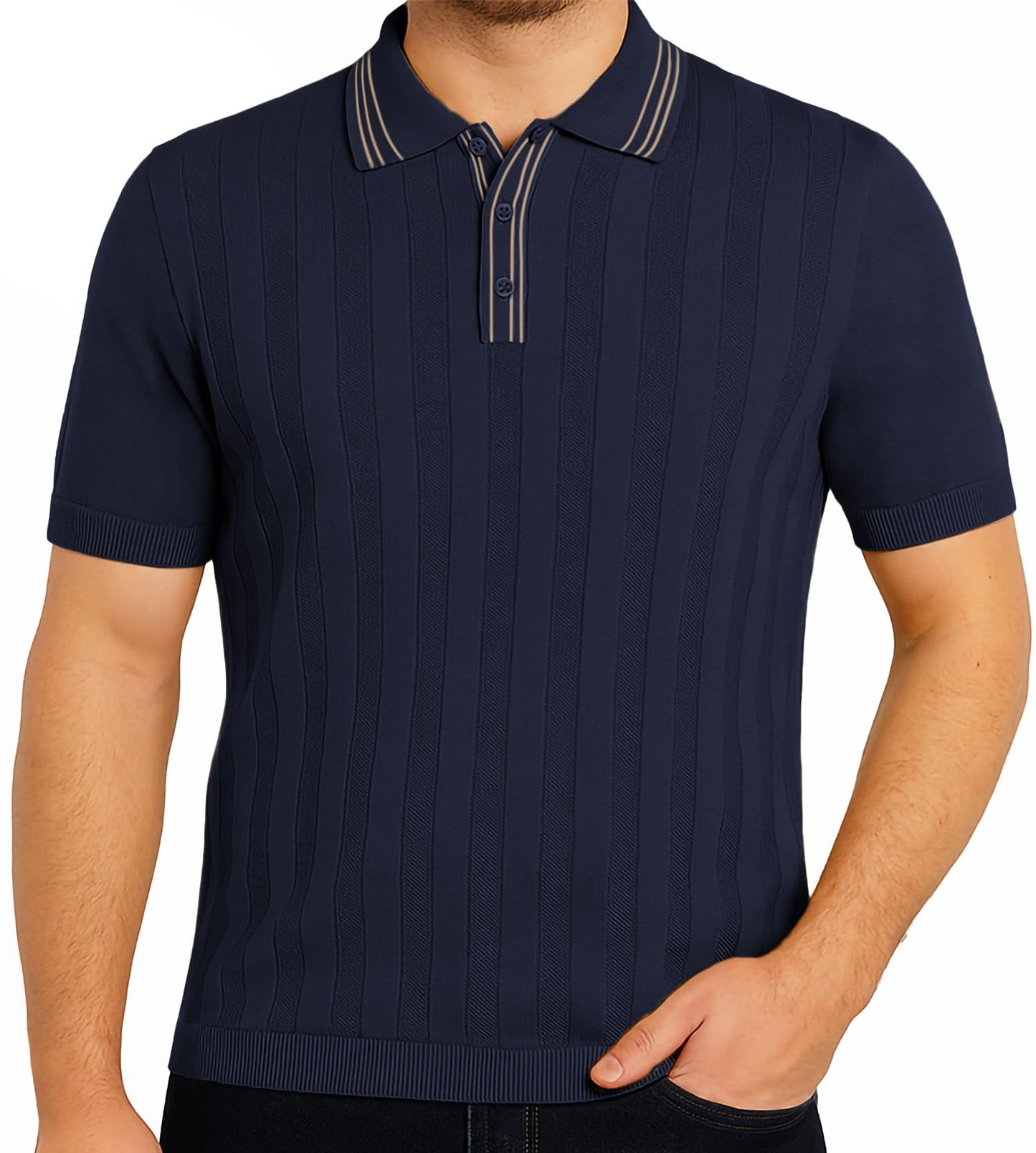 Arber Men's Textured Knit 100% Cotton Polo, Breathable Lightweight Short Sleeve Button Collar; Beige, Black, Blue, Navy