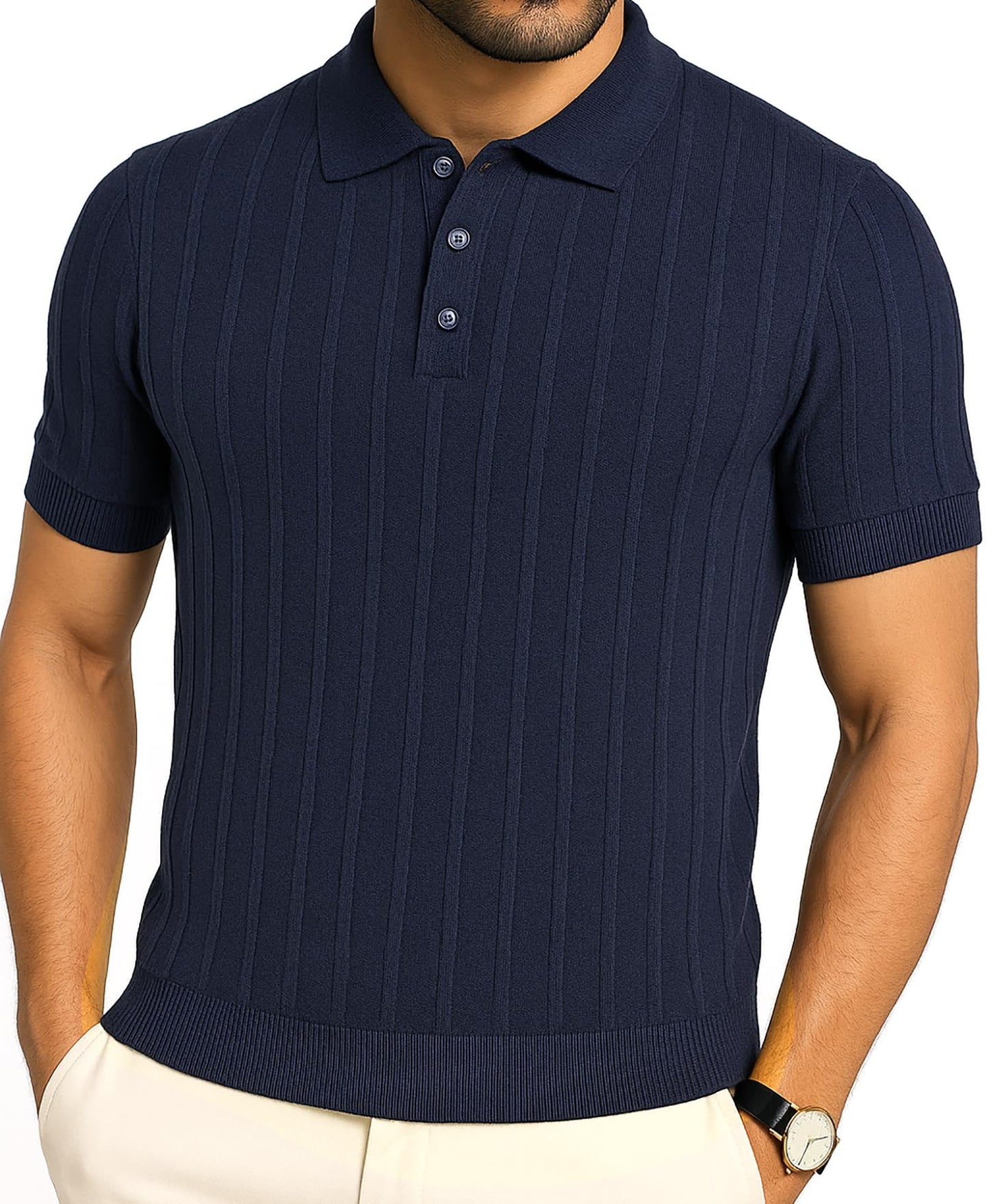 Arber Men's Textured Knit 100% Cotton Polo Shirt, Breathable Lightweight Summer Short Sleeve Tee
