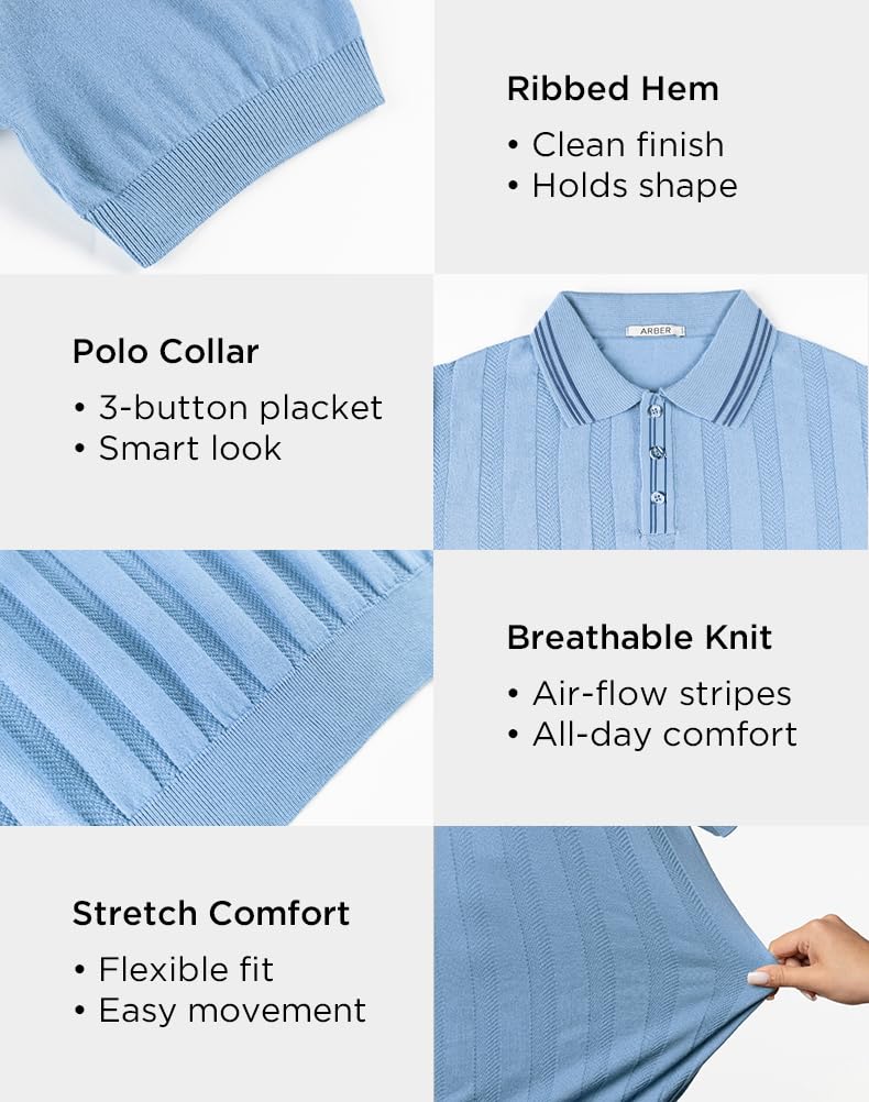 Arber Men's Textured Knit 100% Cotton Polo, Breathable Lightweight Short Sleeve Button Collar; Beige, Black, Blue, Navy