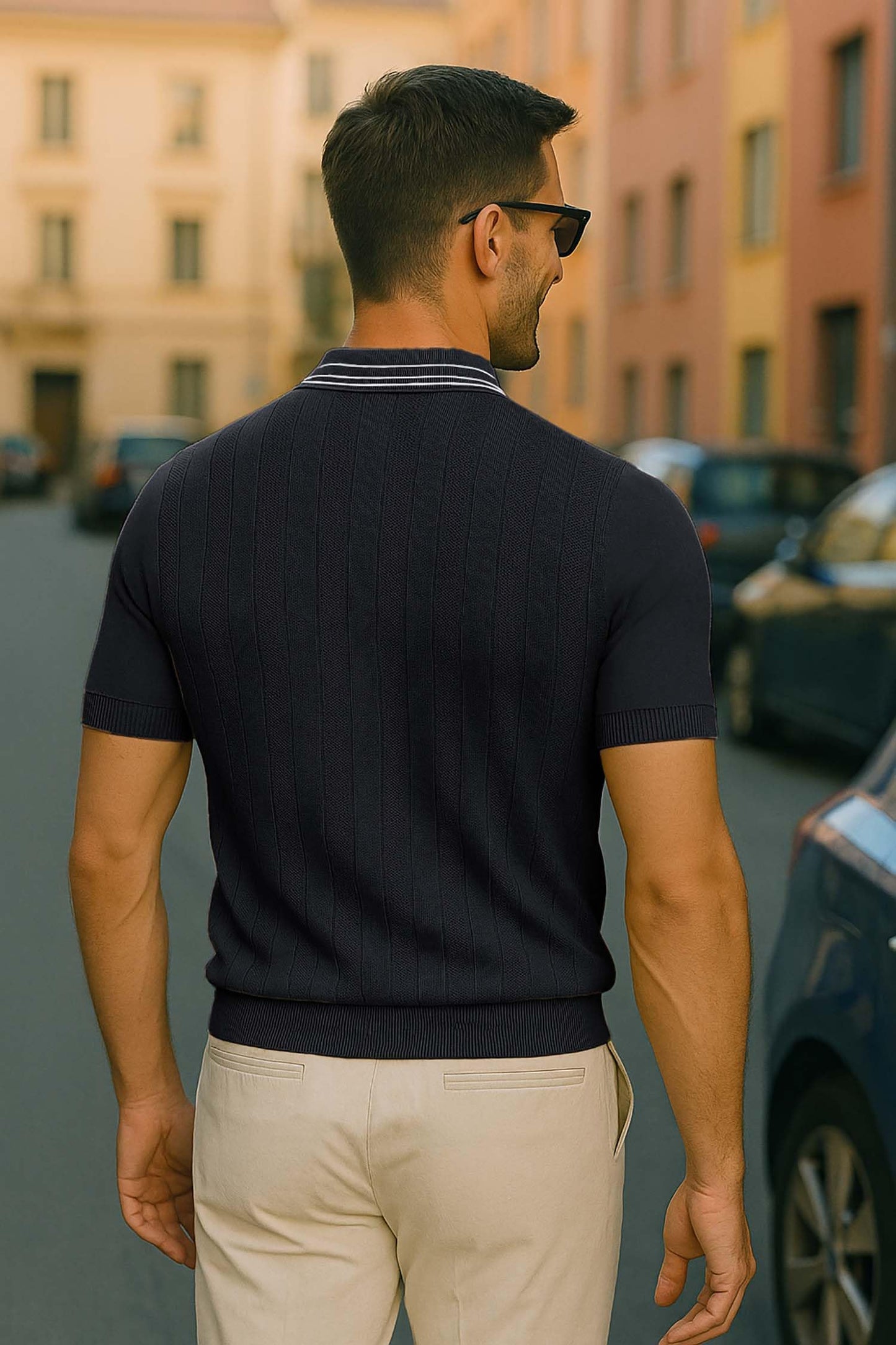Arber Men's Textured Knit 100% Cotton Polo, Breathable Lightweight Short Sleeve Button Collar; Beige, Black, Blue, Navy