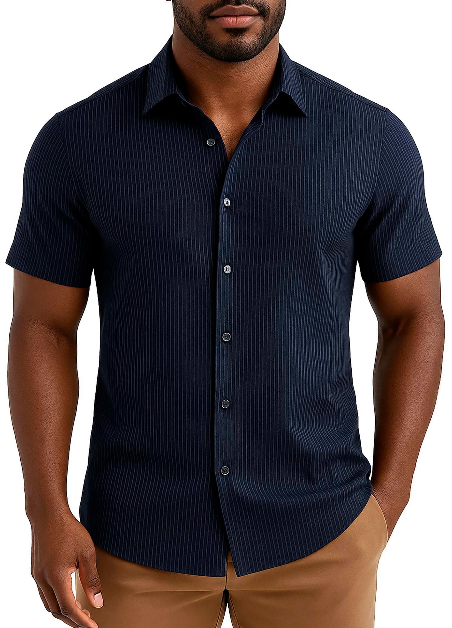 Arber Men's Slim-Fit 100% Cotton Short-Sleeve Shirt, Lightweight Breathable Button-Down; Blue or Dark Blue.