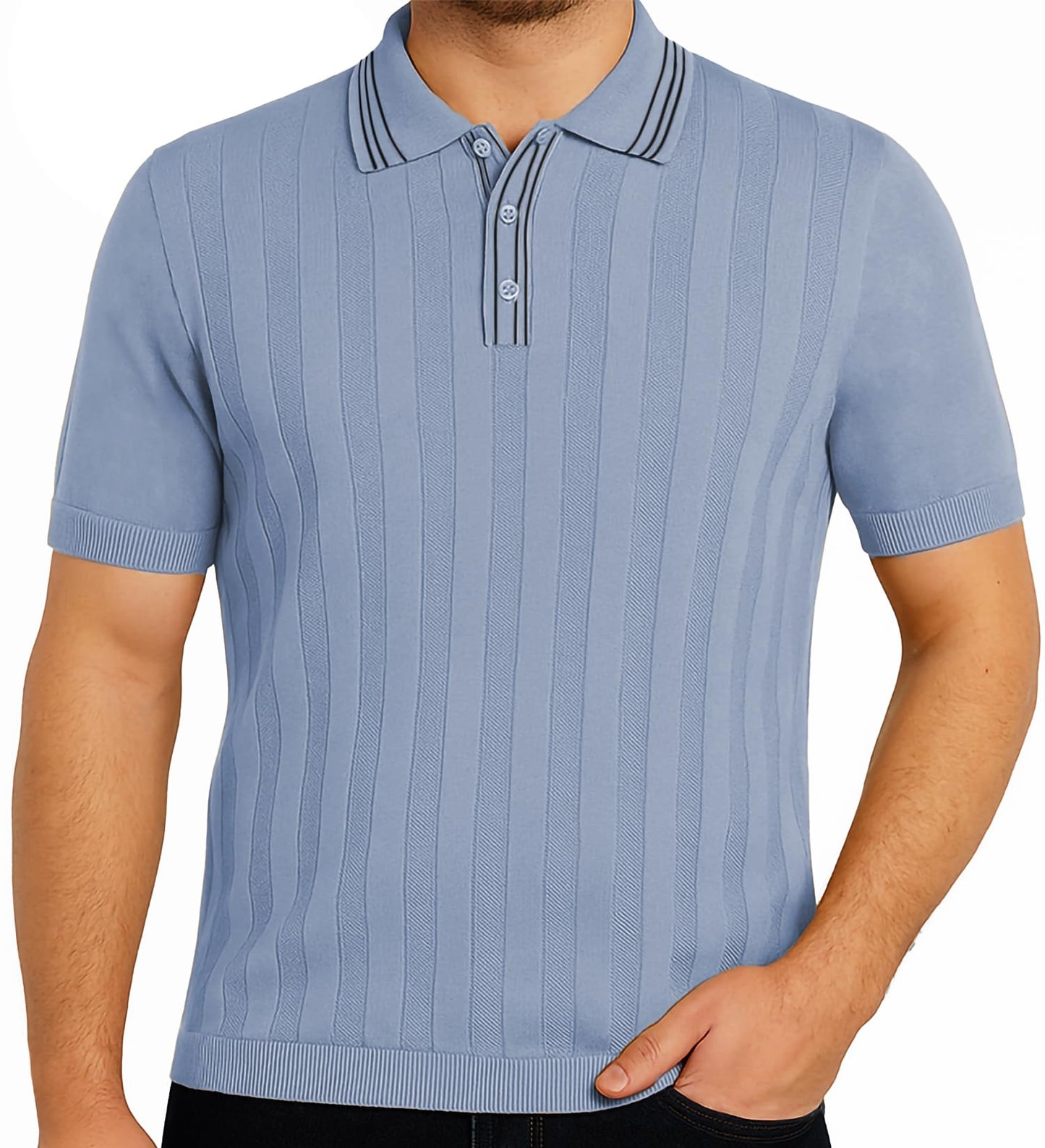Arber Men's Textured Knit 100% Cotton Polo, Breathable Lightweight Short Sleeve Button Collar; Beige, Black, Blue, Navy