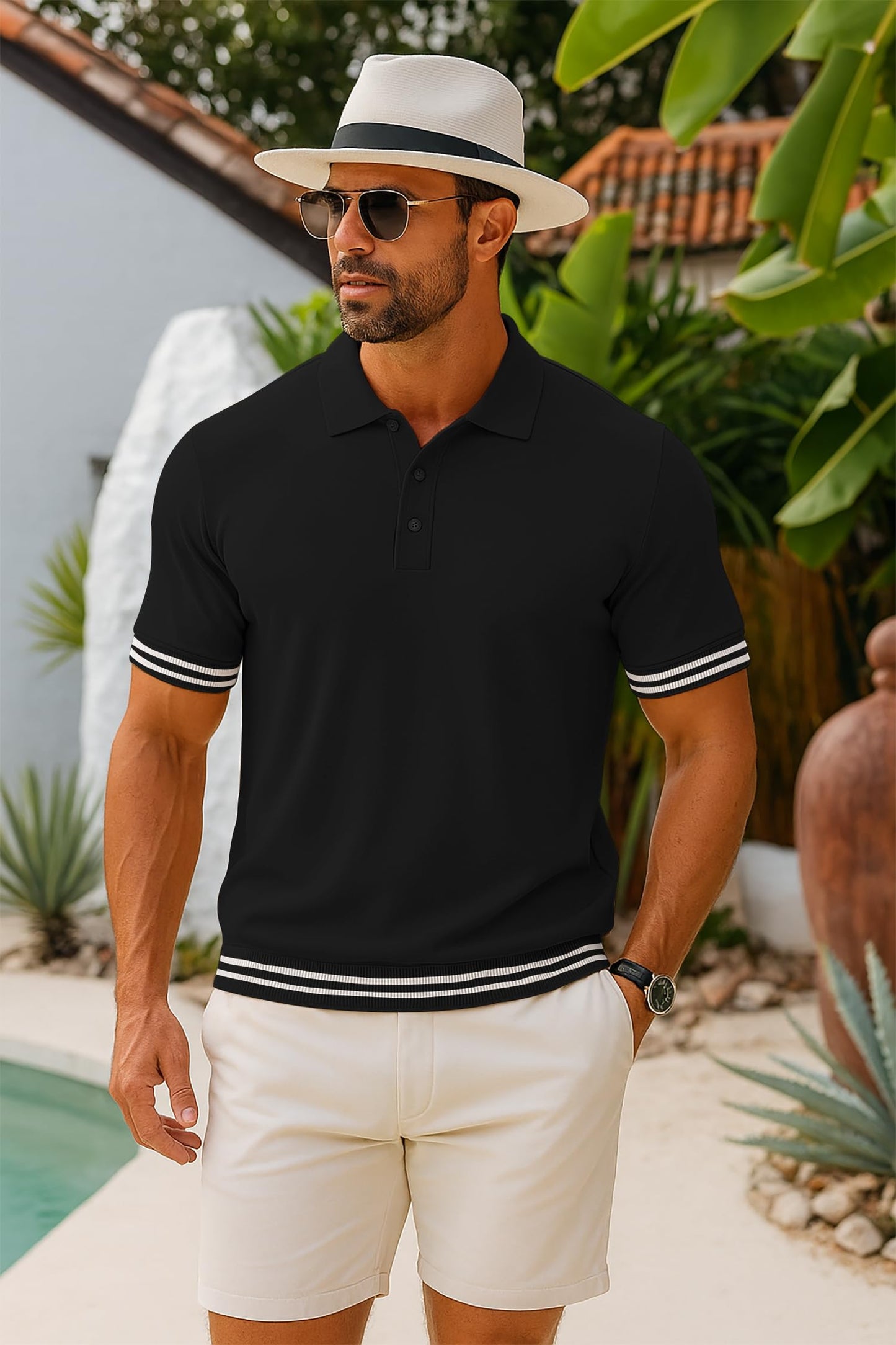 Arber Men's Textured Knit 100% Cotton Polo Shirt, Breathable Lightweight Short Sleeve Contrast Stripe Trim