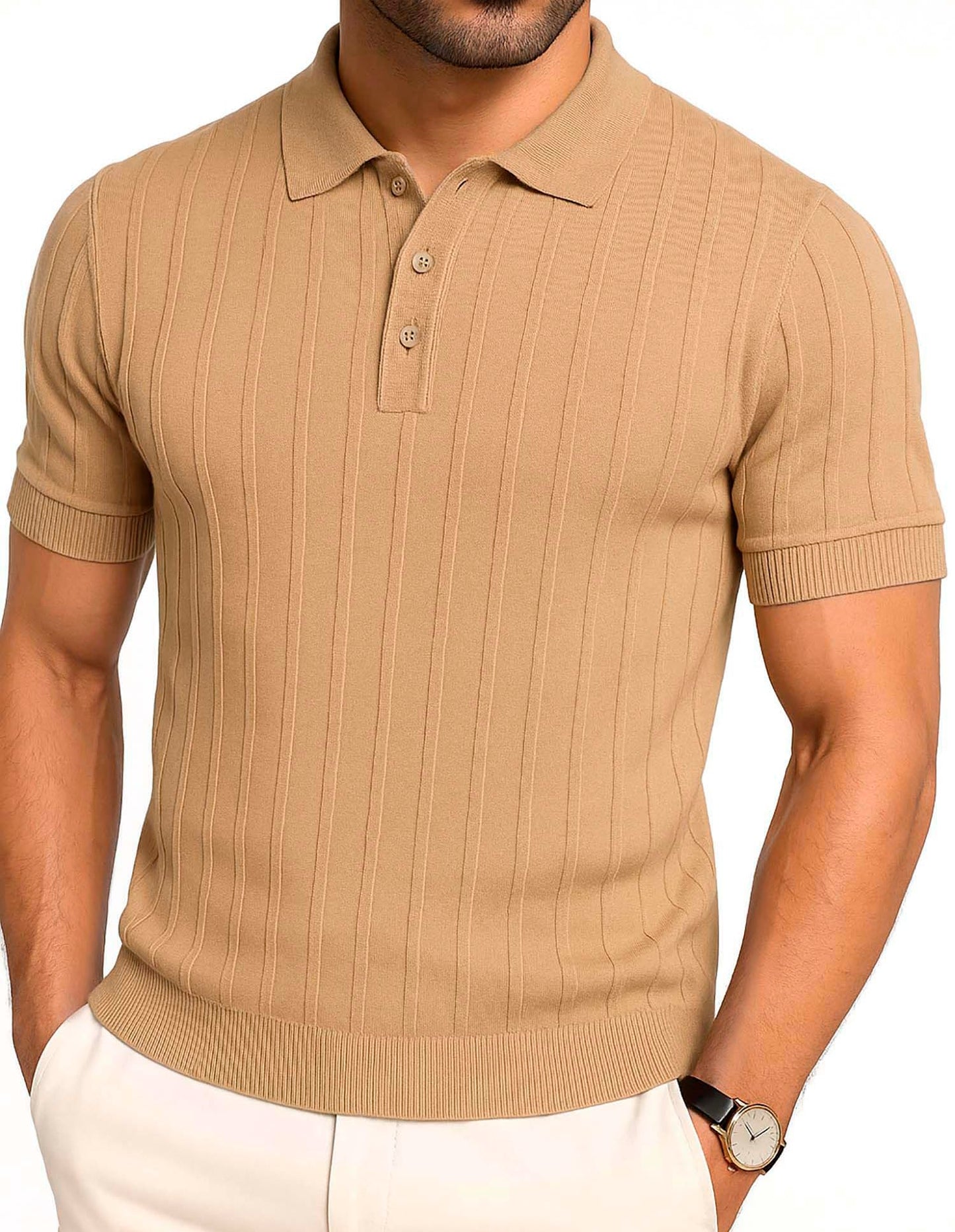 Arber Men's Textured Knit 100% Cotton Polo Shirt, Breathable Lightweight Summer Short Sleeve Tee