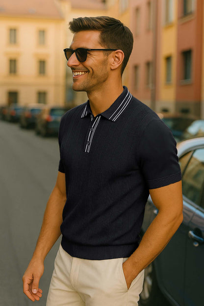 Arber Men's Textured Knit 100% Cotton Polo, Breathable Lightweight Short Sleeve Button Collar; Beige, Black, Blue, Navy