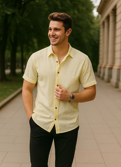 Arber Men's 100% Cotton Short Sleeve Button-Down Shirt, Lightweight & Breathable Casual, S-XXL, Blue/Navy/Yellow