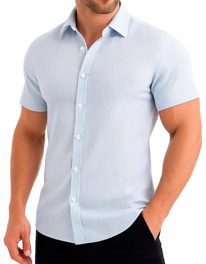 Arber Men's Slim-Fit 100% Cotton Short-Sleeve Shirt, Lightweight Breathable Button-Down; Blue or Dark Blue.
