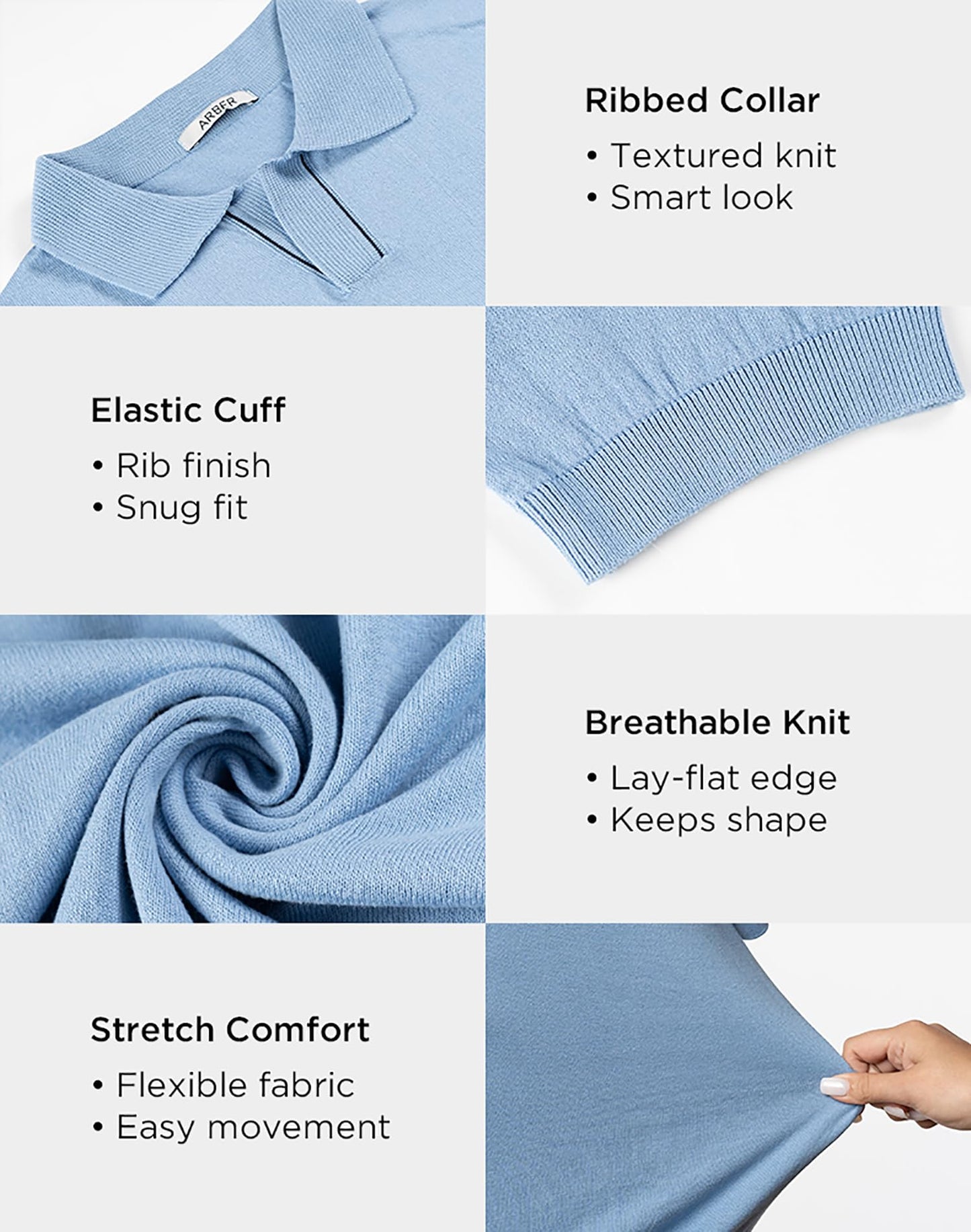Arber Men's Knit Cotton Polo Shirt – Soft Breathable Lightweight Short Sleeve Button Collar – Light Blue, Gray, Navy – S-XXL