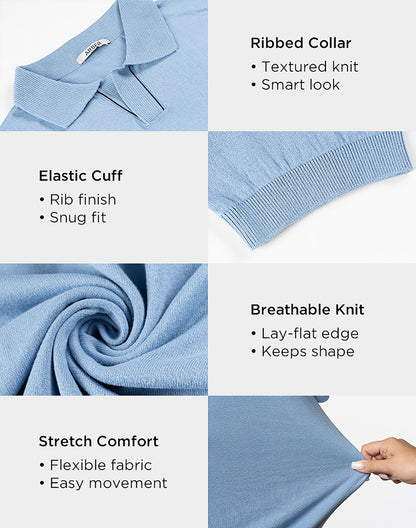 Arber Men's Knit Cotton Polo Shirt – Soft Breathable Lightweight Short Sleeve Button Collar – Light Blue, Gray, Navy – S-XXL