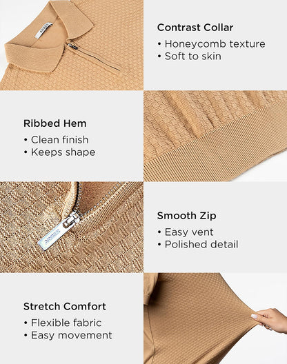 Arber Men's Textured Knit 100% Cotton Zip Collar Polo Shirt, Breathable Lightweight Short Sleeve Casual Tee