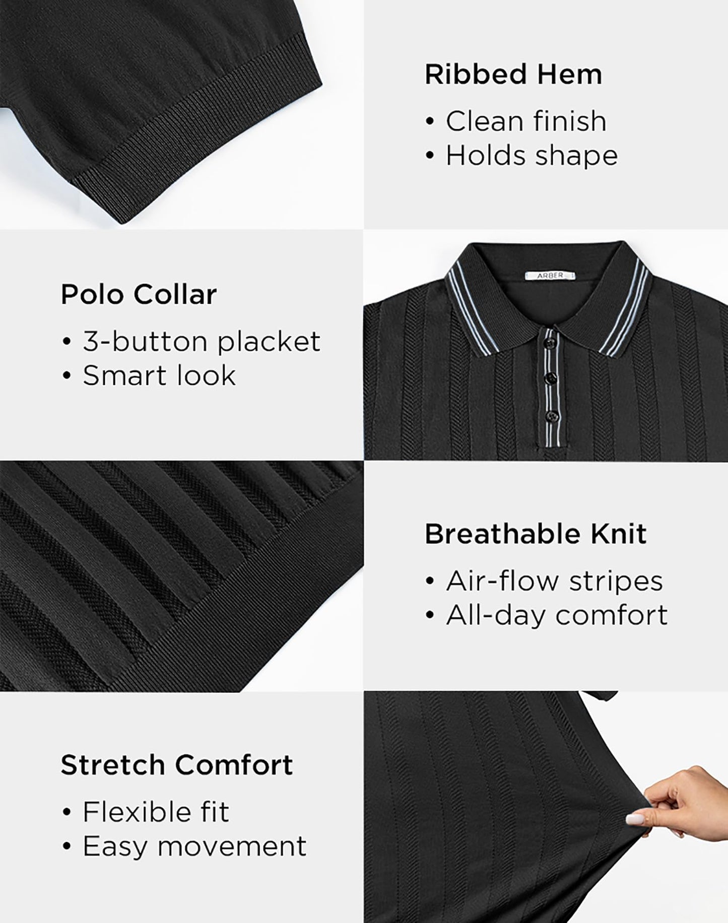 Arber Men's Textured Knit 100% Cotton Polo, Breathable Lightweight Short Sleeve Button Collar; Beige, Black, Blue, Navy