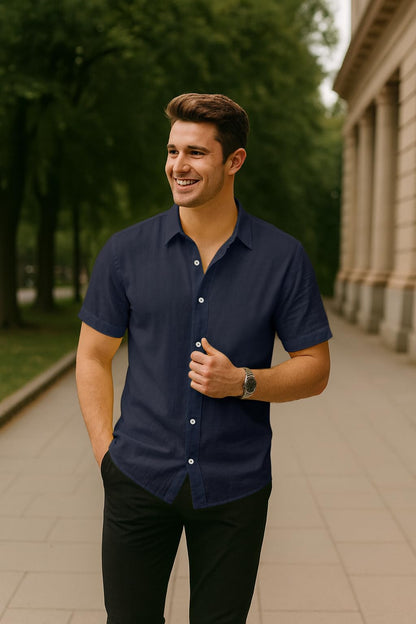 Arber Men's 100% Cotton Short Sleeve Button-Down Shirt, Lightweight & Breathable Casual, S-XXL, Blue/Navy/Yellow