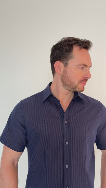 Arber Men's Slim-Fit 100% Cotton Short-Sleeve Shirt, Lightweight Breathable Button-Down; Blue or Dark Blue.