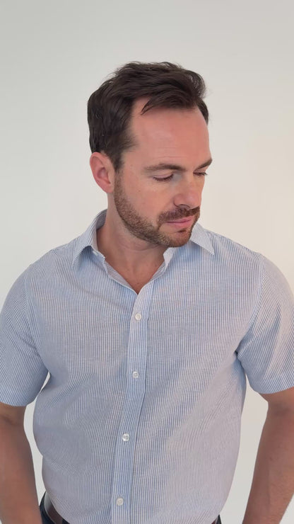 Arber Men's Slim-Fit 100% Cotton Short-Sleeve Shirt, Lightweight Breathable Button-Down; Blue or Dark Blue.
