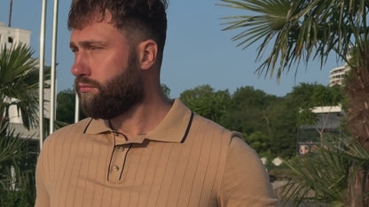 Men's Classic-Fit 100% Cotton Polo, Breathable Lightweight Soft Short-Sleeve Knit Shirt in Beige, Light Blue.